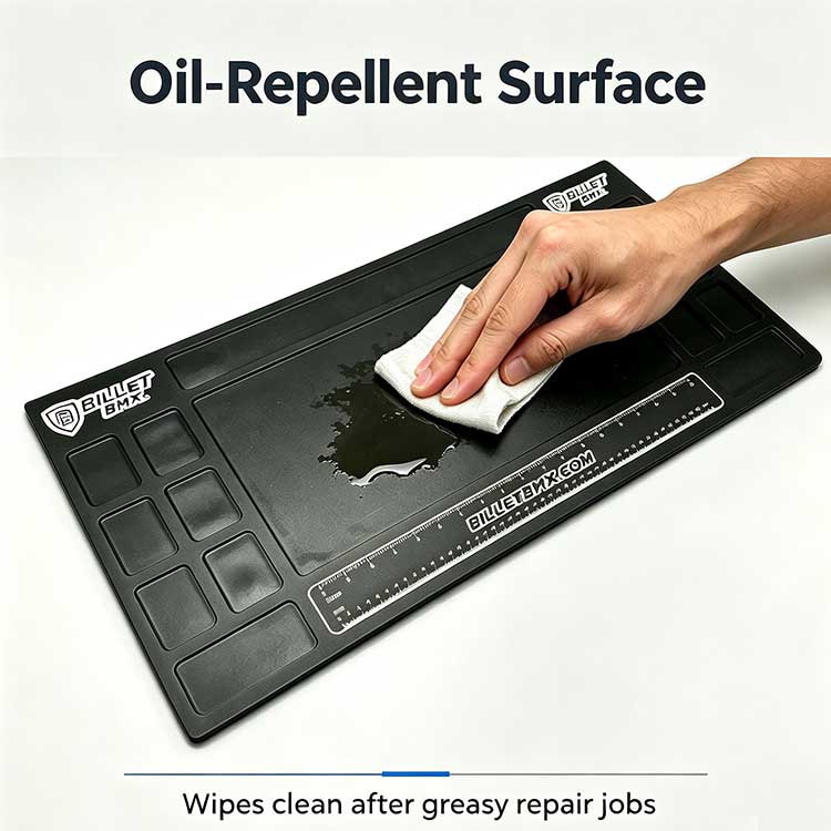 Oil repellent 0.25 inch bicycle tool tray wiping clean grease.