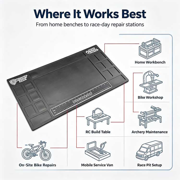 Multi-scenario bicycle tool tray for bike workshops and RC build tables.