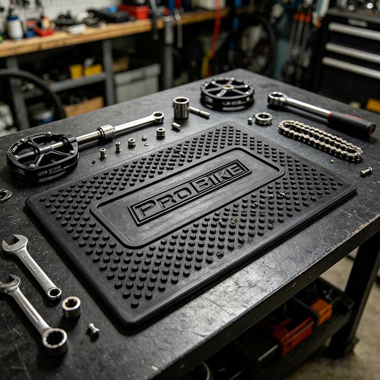Bicycle work mat protecting garage floor from dirt and oil.