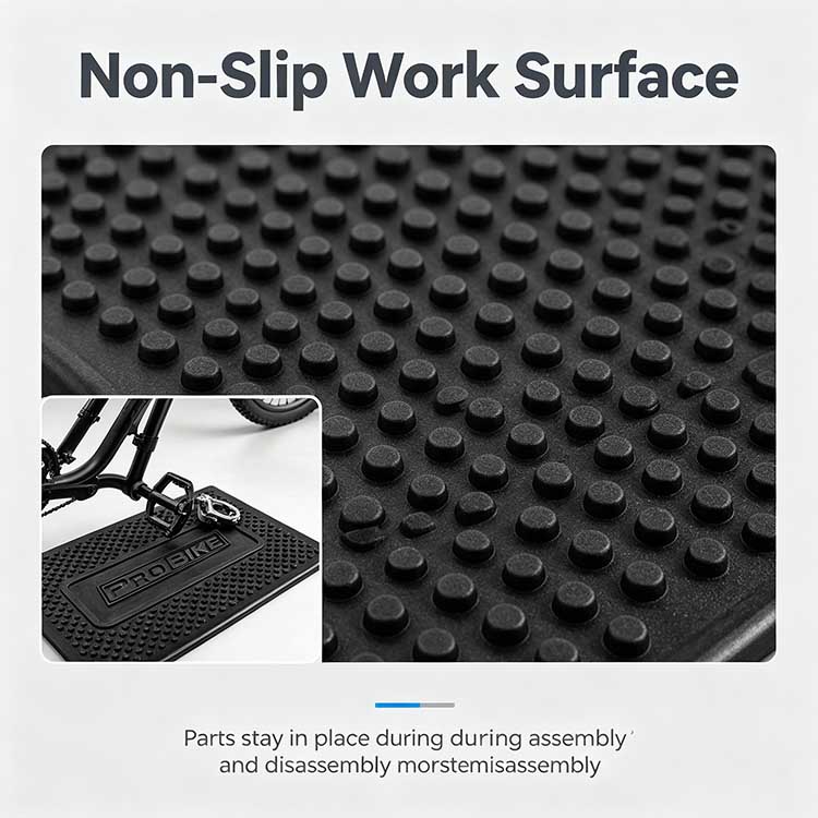 Non-slip textured bicycle work mat holding parts steady.