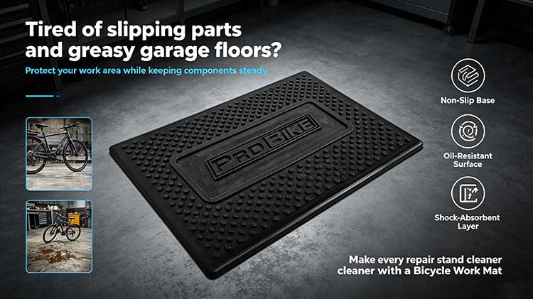 Heavy-duty anti-slip rubber bicycle work mat with 6mm base protecting garage floors.