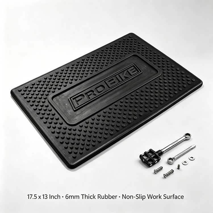 Portable roll-up bicycle work mat for compact storage.