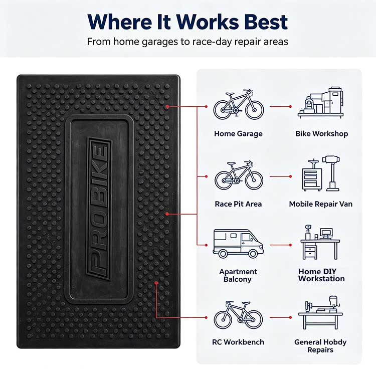 Multi-scenario bicycle work mat for garages and workshops.