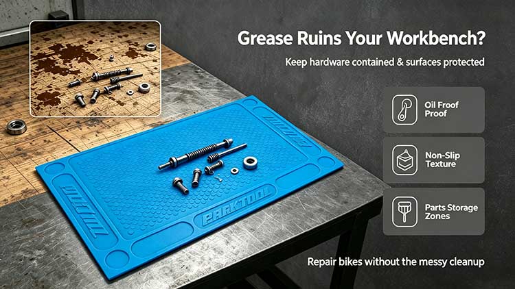 15x24.5 inch bike repair stand mat with non-slip surface protecting workbench from oil and grease.