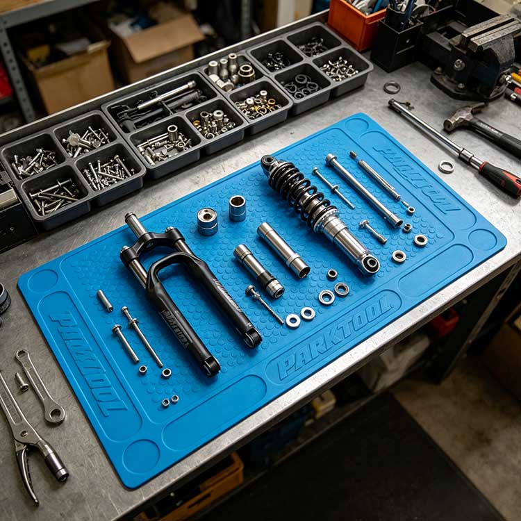 Heavy-duty rubber bike repair stand mat for long-term use.