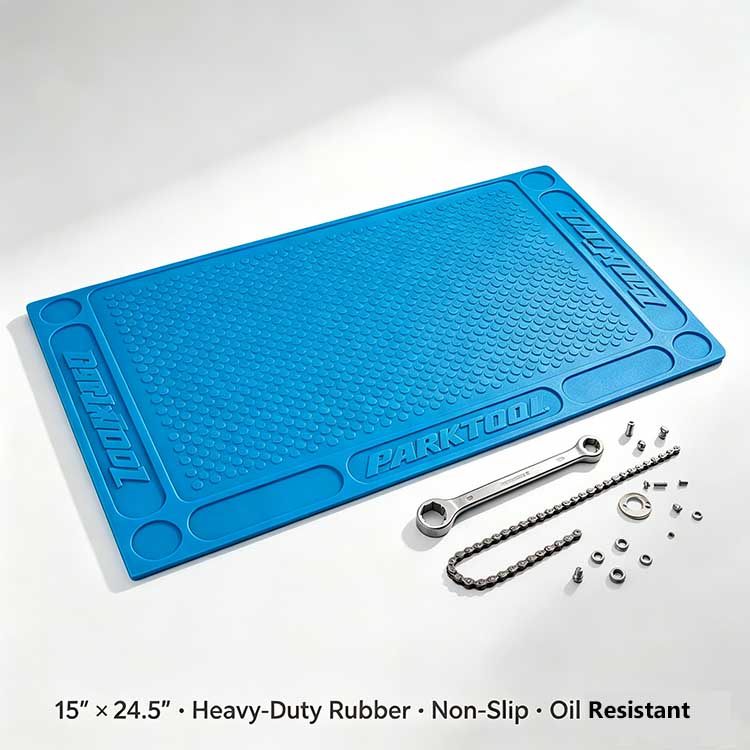 Large bike repair stand mat with 24.5 inch surface for forks and wheels.