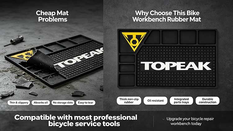 Comparison: Heavy-duty bike workbench mat vs. cheap flimsy mats that tear, absorb oil, and have no slots.