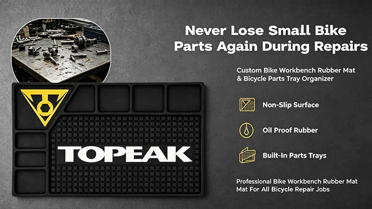 Custom bike workbench rubber mat, oil resistant rubber pad with built-in parts trays for professional bicycle repair workshops