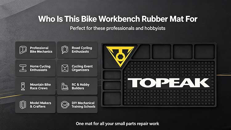 Bike workbench rubber mat for professional bike mechanics, road cyclists, RC builders, and mechanic training schools.