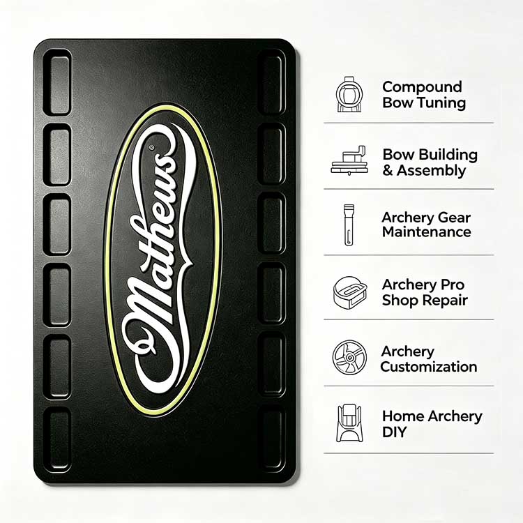 Versatile bow building mat used for compound bow tuning and DIY archery