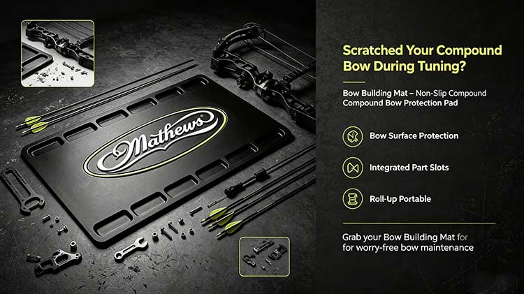 Non-slip rubber bow building mat protecting a compound bow during tuning