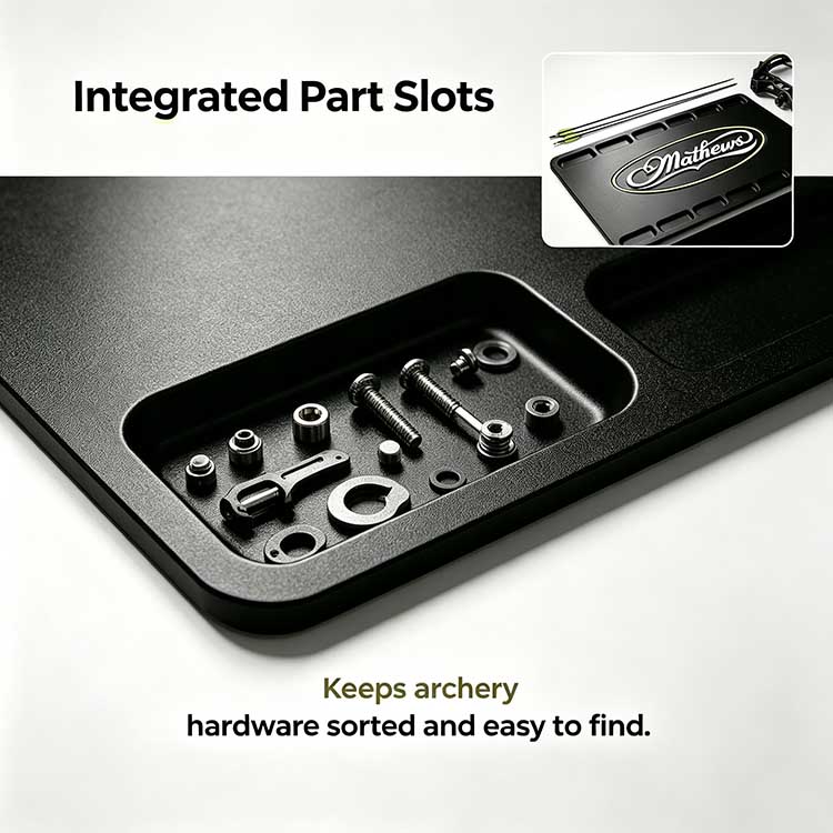 Integrated part slots on a bow building mat keeping hardware organized