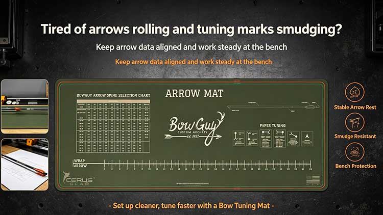 36x14 inch heavy-duty bow tuning mat with non-slip rubber base and tuning guides.