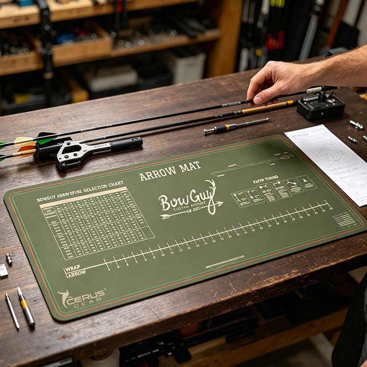 Large bow tuning mat with 36 inch workspace for arrows and bows.