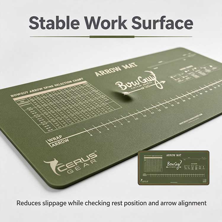 Bow tuning mat with paper tuning diagrams for accurate arrow adjustments.