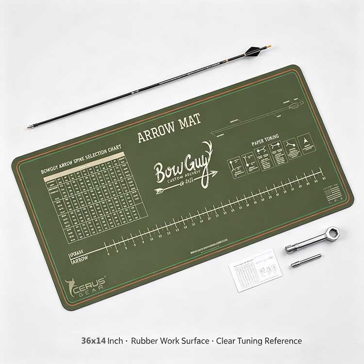 Portable roll-up bow tuning mat for tournament use.
