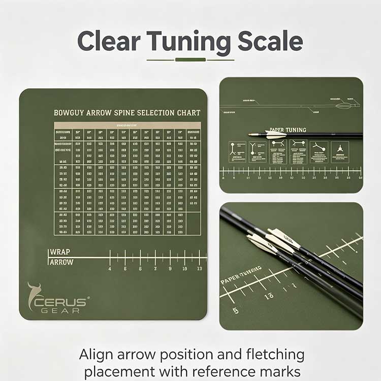 Bow tuning mat with printed arrow spine selection chart for precision archery.