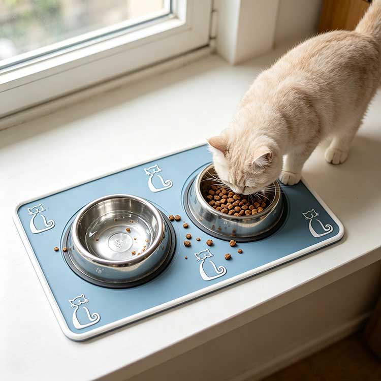 Real-life cat feeding scene on a blue silicone mat containing scattered dry kibble spills.