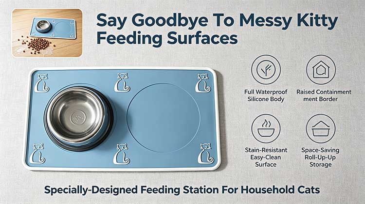 Blue silicone cat food mat with dual bowl pockets and a raised white spill-proof rim.
