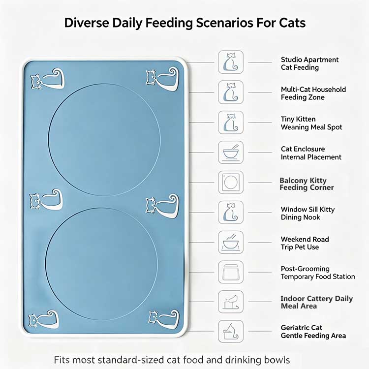 Versatile cat food mat used in apartments, multi-cat homes, and cat enclosures.
