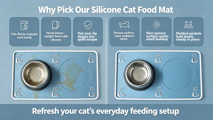 Comparison of heavy-duty silicone cat food mat versus basic thin feeding sheets.