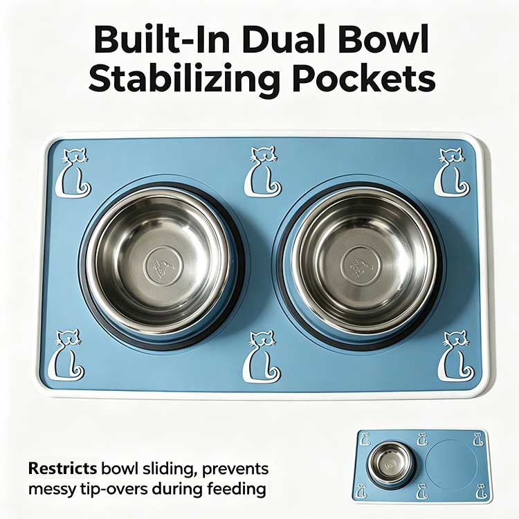 Cat food mat with dual circular bowl pockets restricting stainless steel bowls from sliding.