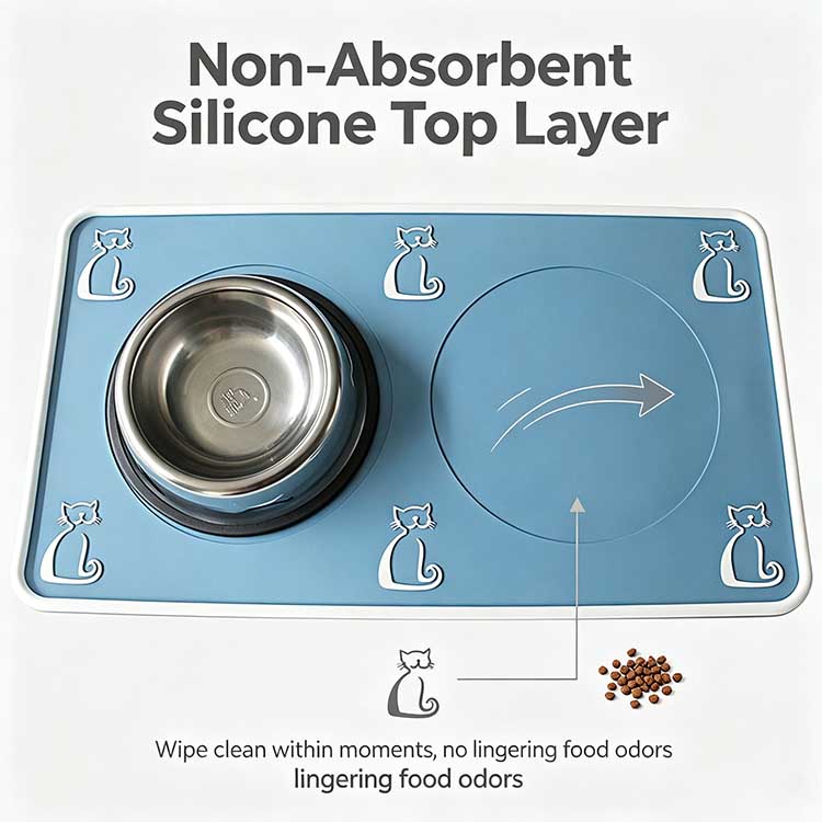 Non-absorbent silicone cat food mat easily wiping clean without lingering odors.