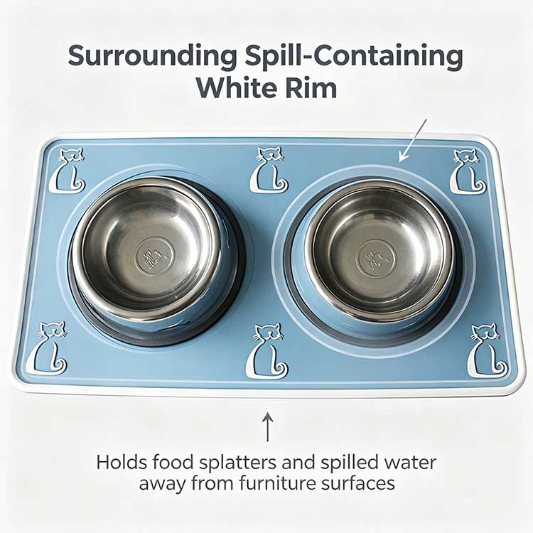Raised white spill-containing rim on a silicone cat food mat trapping water and kibble.