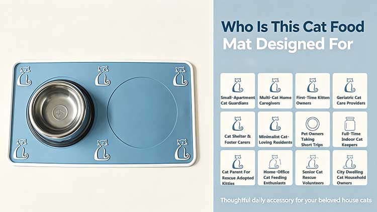Cat food mat designed for apartment guardians, multi-cat homes, and geriatric cat providers.