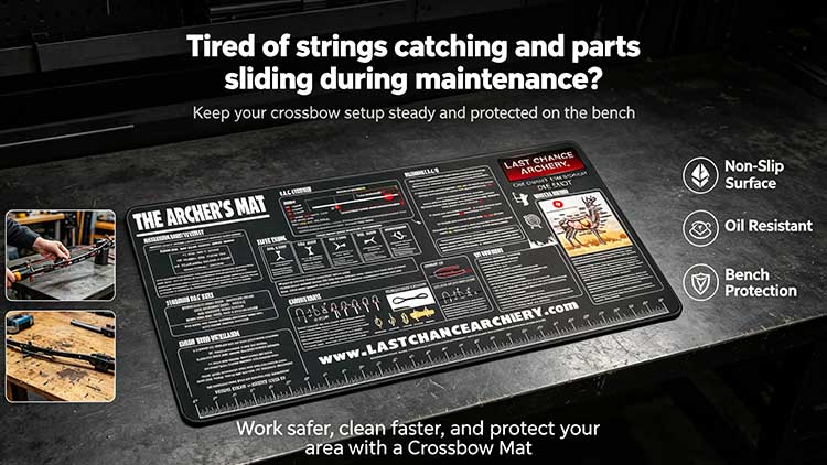 Heavy-duty non-slip crossbow mat protecting workbench from oil and parts.