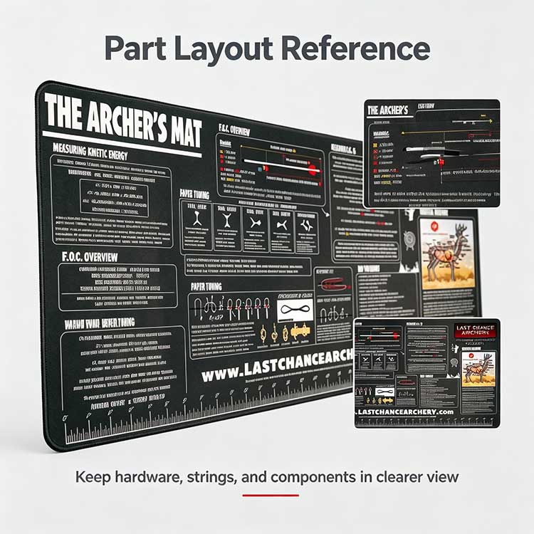 Crossbow mat with part layout reference for maintenance.