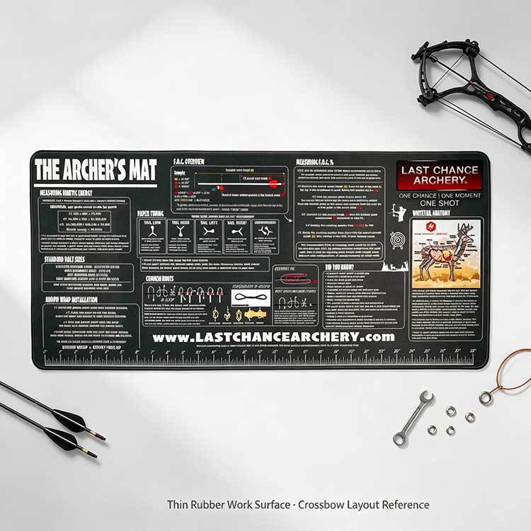 Crossbow mat with printed technical charts for tuning and adjustment.