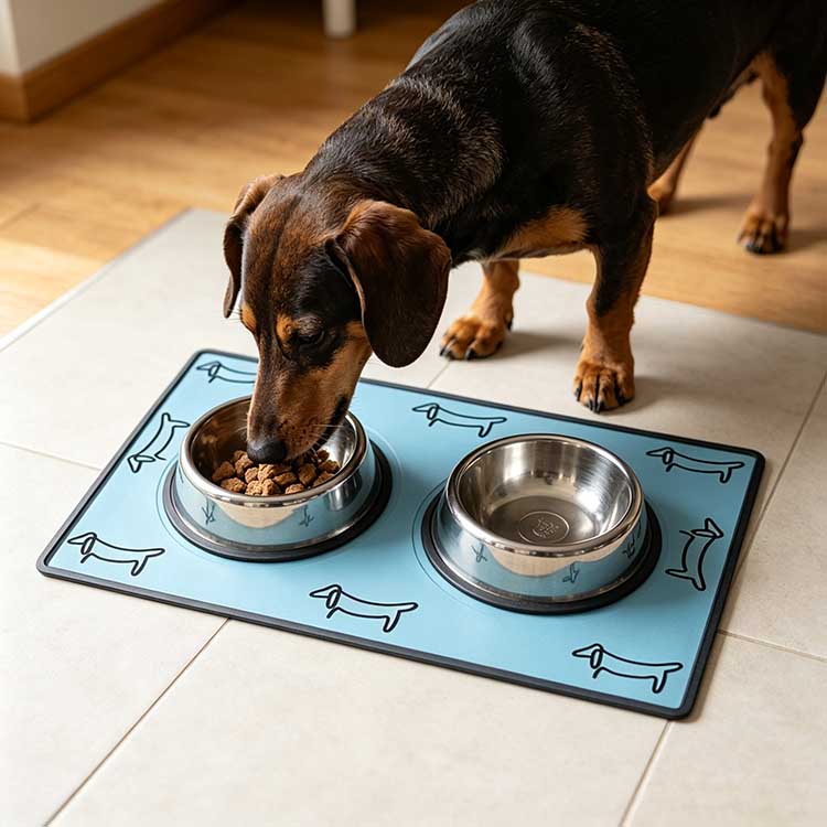 Non-slip blue silicone dog bowl mat with dual pockets holding food and water bowls steady during feeding.