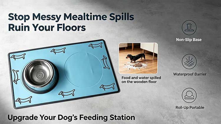 Blue silicone dog bowl mat with dual pockets and a waterproof spill guard.