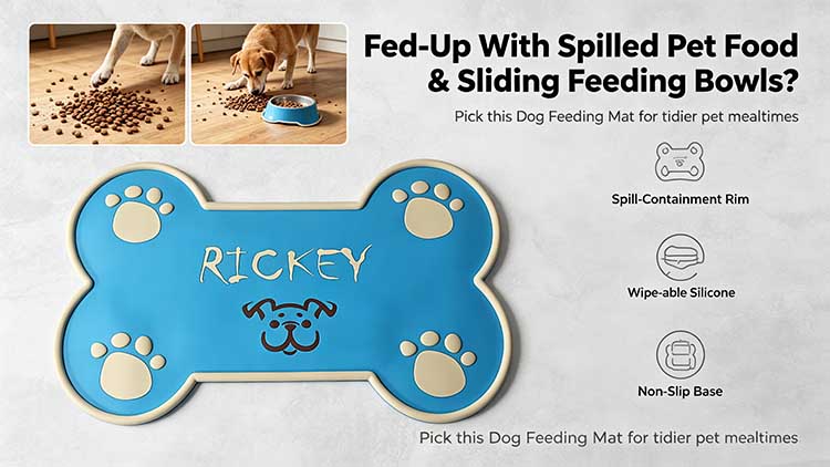 Non-slip waterproof silicone dog feeding mat in a fun blue bone shape.