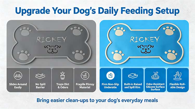 Comparison of cute bone-shaped dog feeding mat versus basic flat feeding sheets.