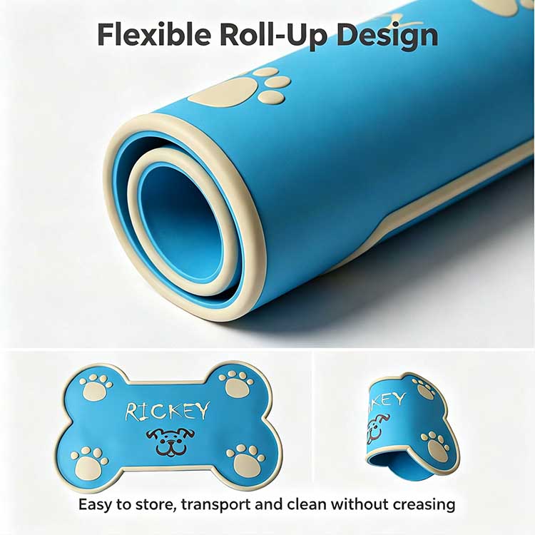 Flexible roll-up silicone dog feeding mat for compact travel storage.