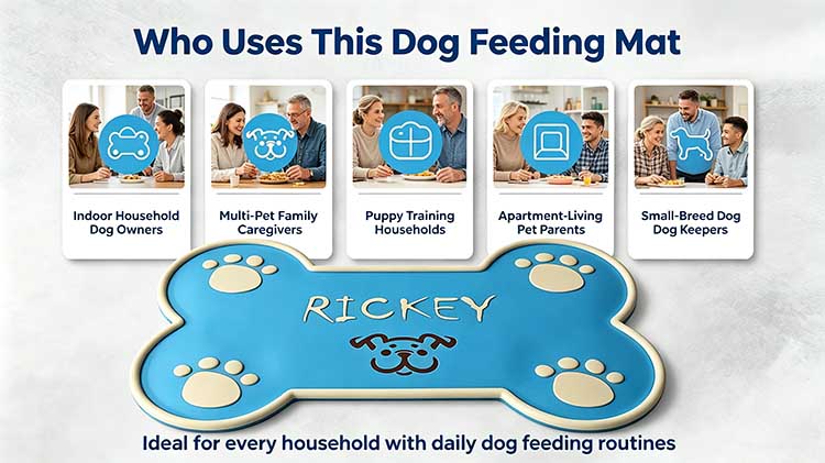 Dog feeding mat for apartment-living parents, puppy trainers, and small-breed owners.