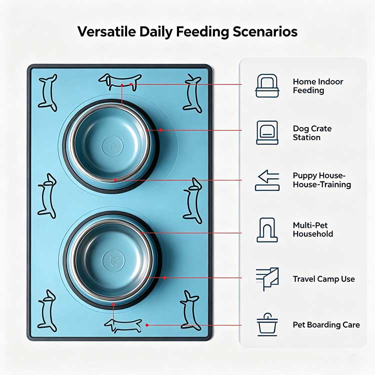 Versatile dog bowl mat for home indoor feeding, crate stations, and travel camp use.