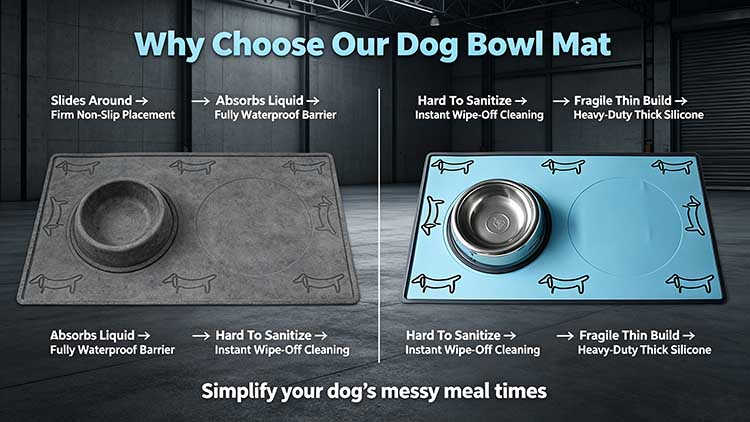 Comparison of heavy-duty silicone dog bowl mat versus basic thin feeding mats.