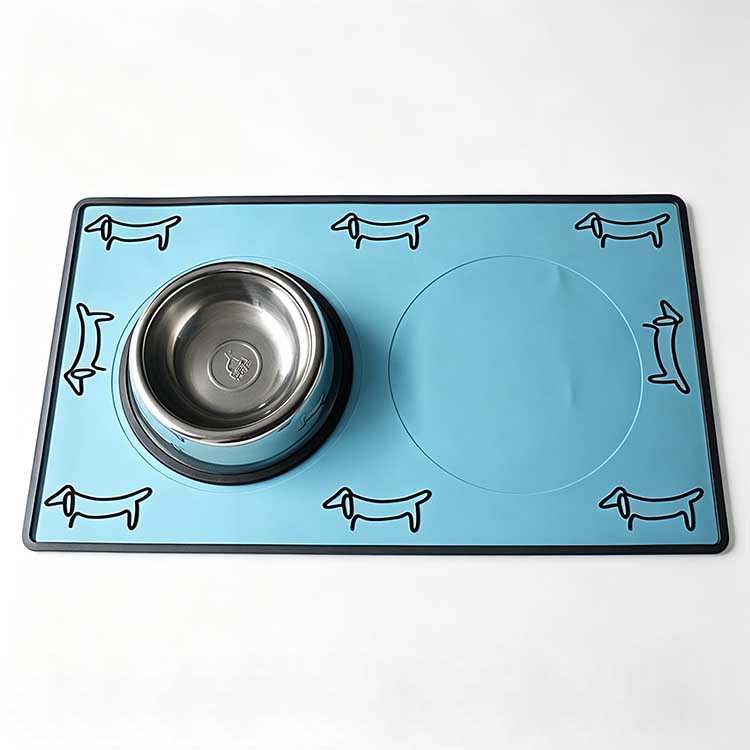 Dog bowl mat with dual circular pockets preventing stainless steel bowls from sliding.