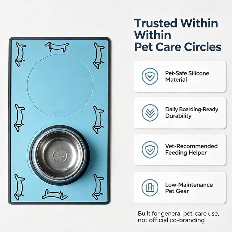 Dog bowl mat trusted by pet care circles and veterinarians.