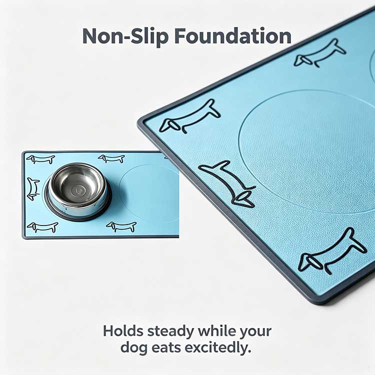 Non-slip silicone foundation on a dog bowl mat holding steady during feeding.