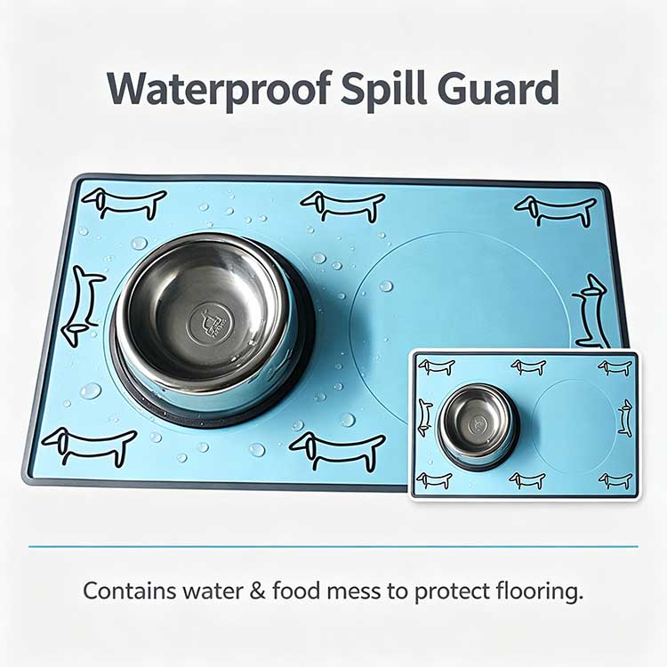 Raised waterproof spill guard rim on a dog bowl mat trapping water and kibble.