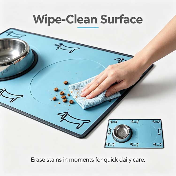 Wipe-clean non-stick silicone dog bowl mat erasing food stains easily