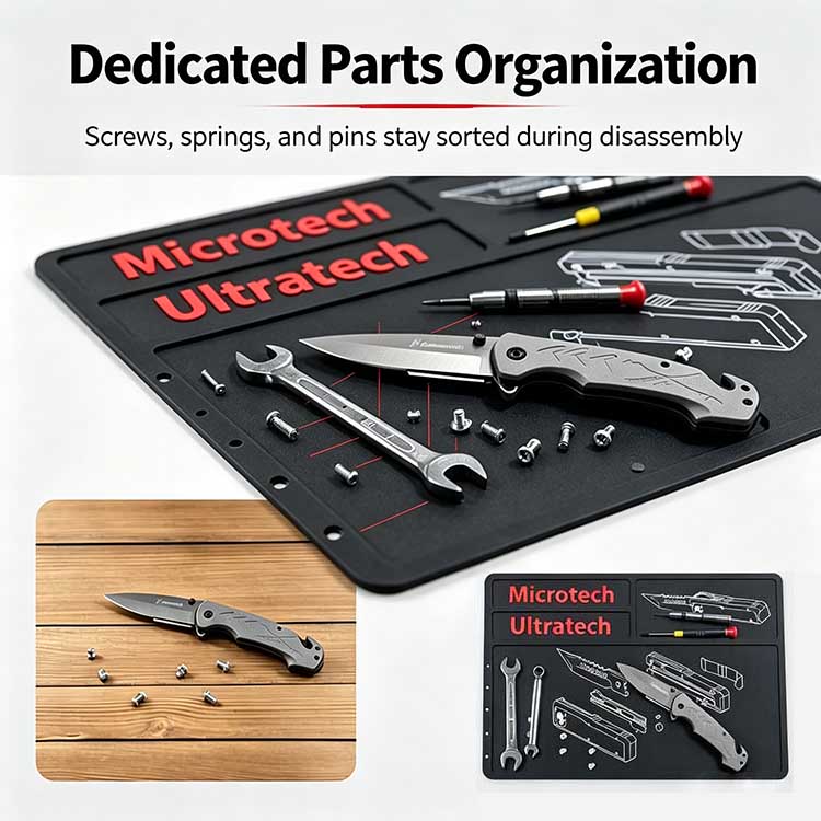 Silicone knife cleaning mat with integrated hardware slots for screws and springs.