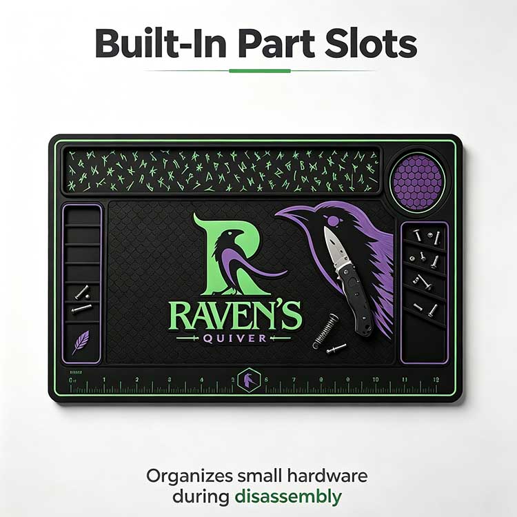 Built-in part storage slots on knife bench mat for organizing screws and springs.
