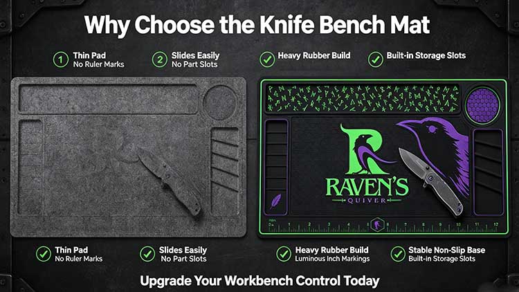 Comparison of standard work pad versus premium luminous knife bench mat.