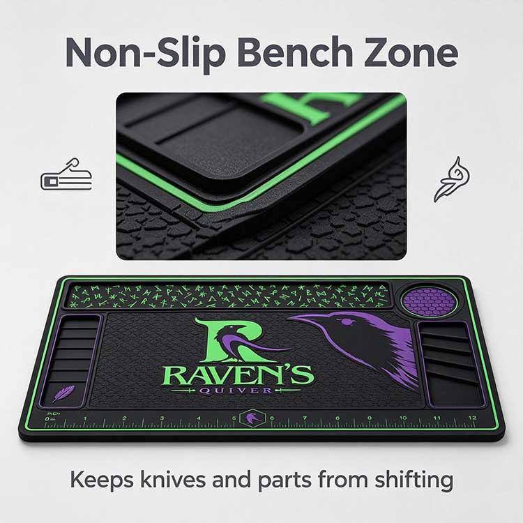 Heavy-duty non-slip rubber base for knife bench mat keeping tools steady.
