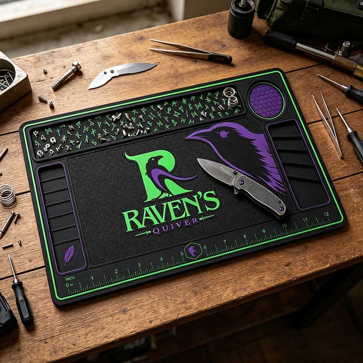 Premium luminous knife bench mat with Raven motif and rune markings on a wooden workshop table.
